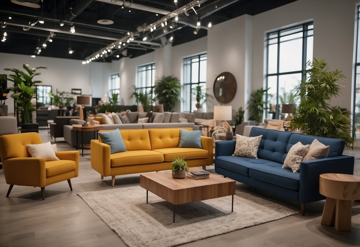 Customers browse showroom, testing chairs and sofas. Staff assist with inquiries. Feedback forms available. Delivery trucks load furniture
