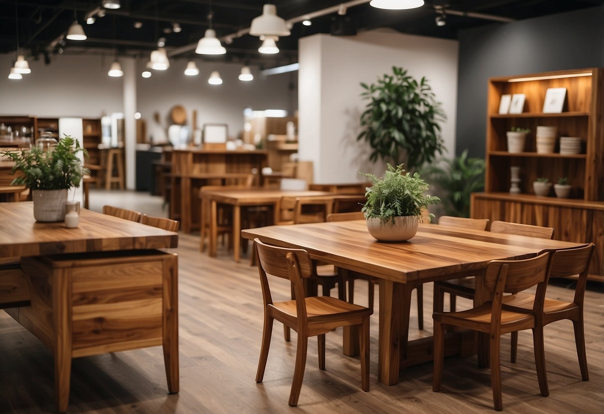 A showroom with a variety of acacia wood furniture, including tables, chairs, and shelves. Bright lighting highlights the natural grain and warm tones of the wood
