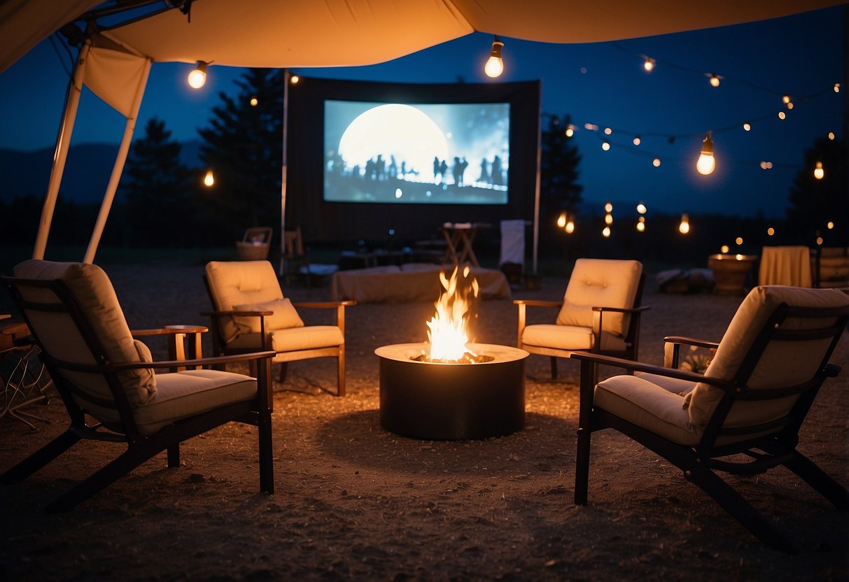 A roaring campfire surrounded by tents and outdoor gear, with a movie screen set up for a movie night under the stars