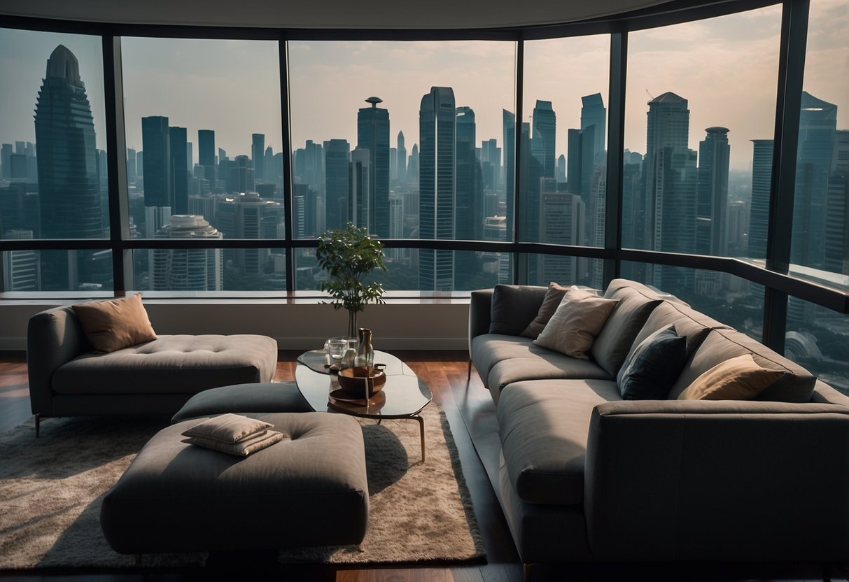 A modern loft with sleek furniture and a deck overlooking the skyline of Singapore