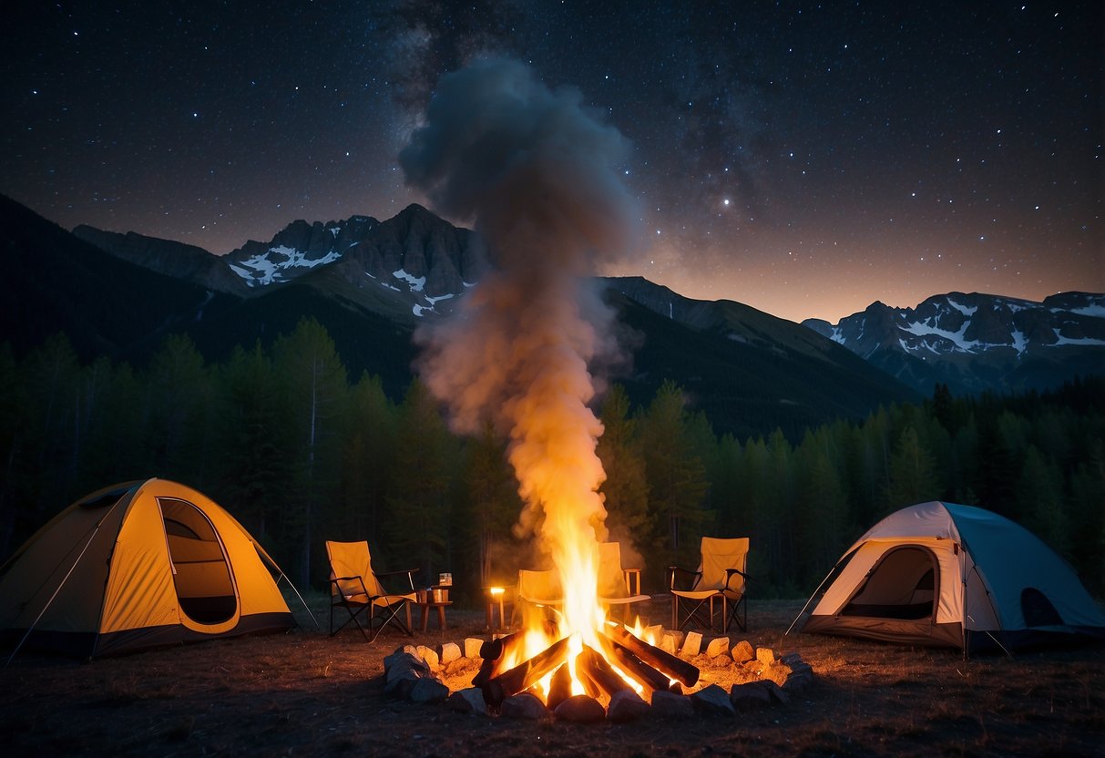 A roaring campfire surrounded by tents under a starry sky, with a backdrop of towering mountains and a serene forest