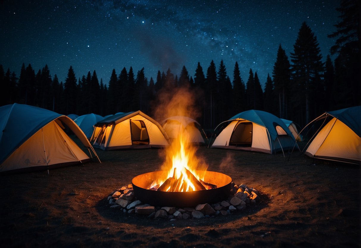 A campfire surrounded by tents, with a backdrop of a starry night sky and a forest in the background