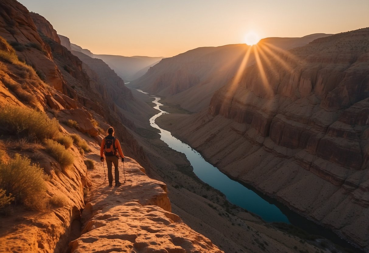 A lone hiker trapped in a narrow canyon, surrounded by towering cliffs and a small pool of water. The sun is setting, casting an orange glow over the rugged landscape