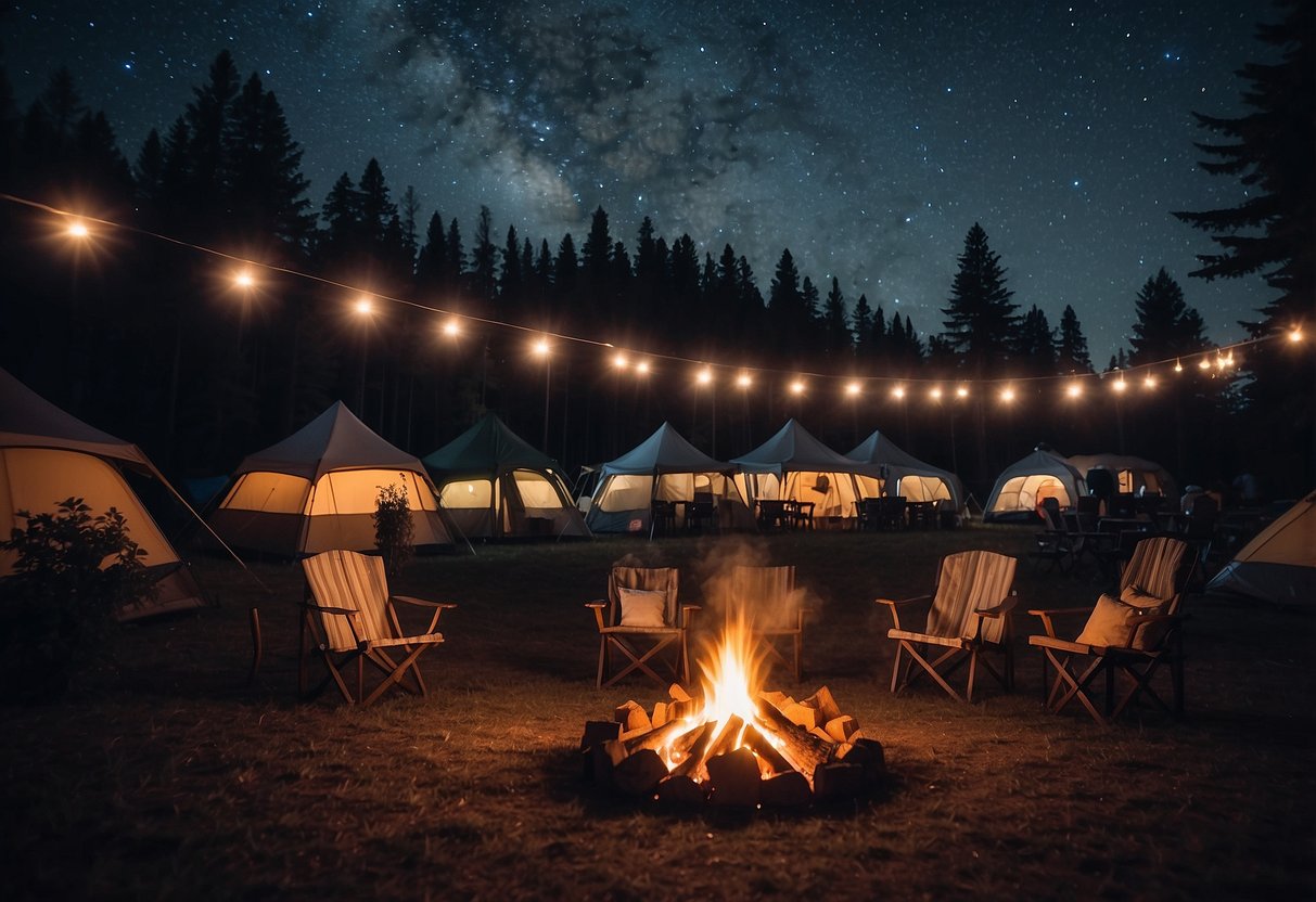 A campfire surrounded by tents and trees, with a clear night sky and stars overhead. Smoke rises from the fire as people gather around, enjoying the peaceful outdoor setting