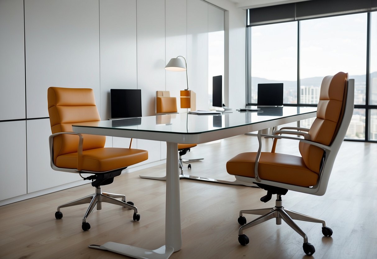 A sleek, modern desk and chair set, made of glossy laminate material, sits against a white wall in a bright, minimalist office space