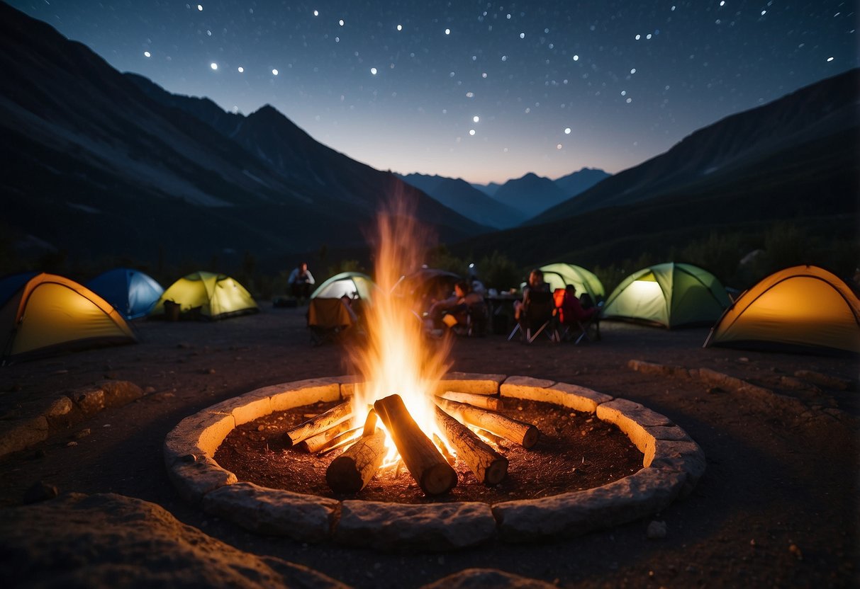 A campfire crackles under a starry sky, surrounded by a circle of tents and backpacks. A rugged landscape looms in the background, hinting at adventure