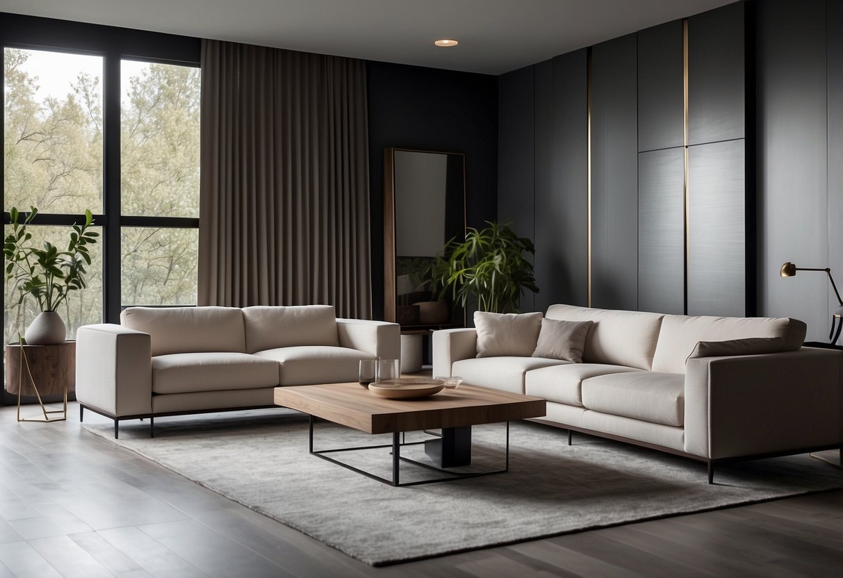 A room with modern laminate furniture, clean lines, and sleek surfaces. The furniture is arranged in a minimalist style, with neutral colors and a sense of simplicity