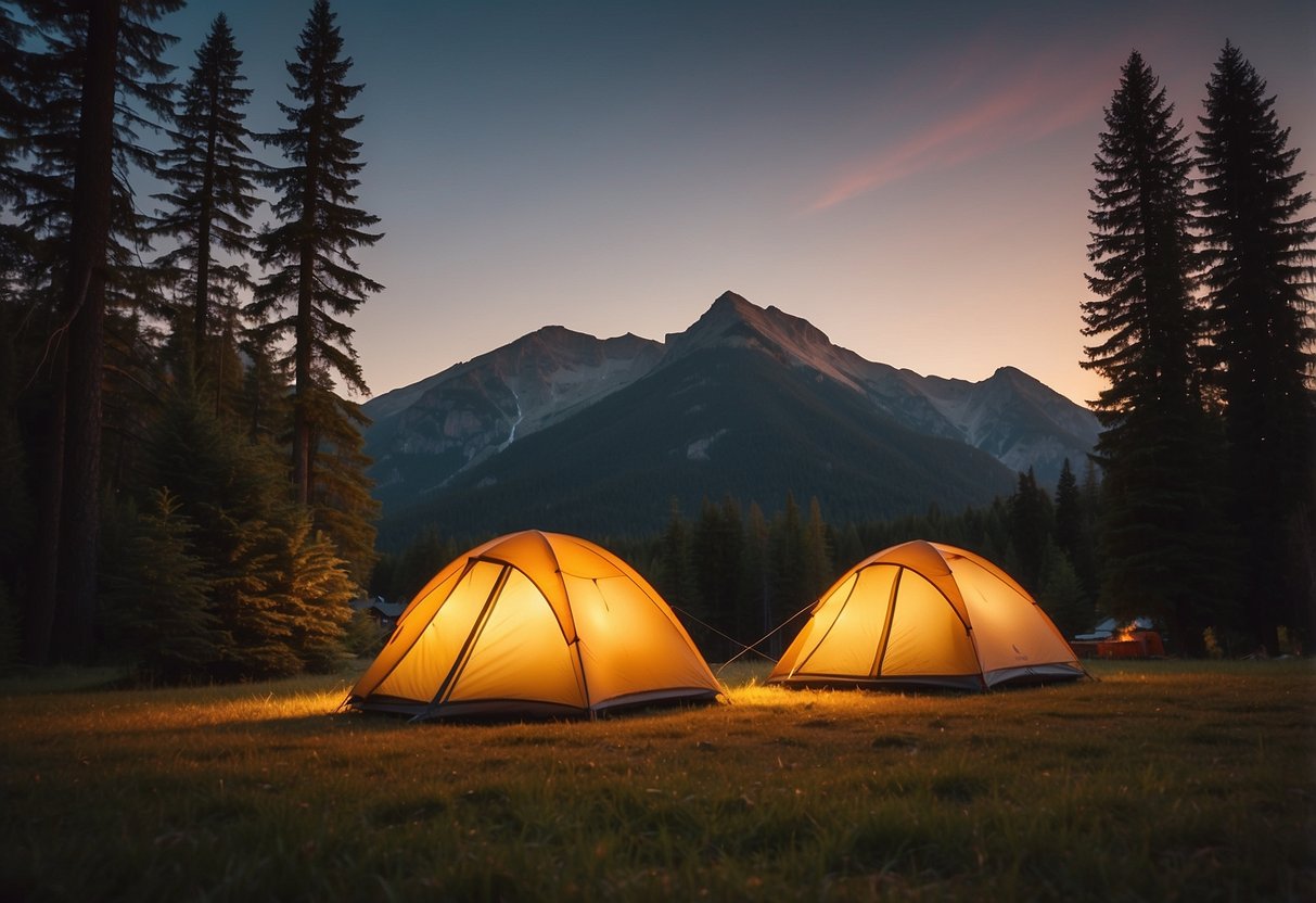 Two tents pitched on a grassy clearing, surrounded by tall trees and a mountain in the background. A campfire burns in the center, casting a warm glow as the sun sets behind the peaks