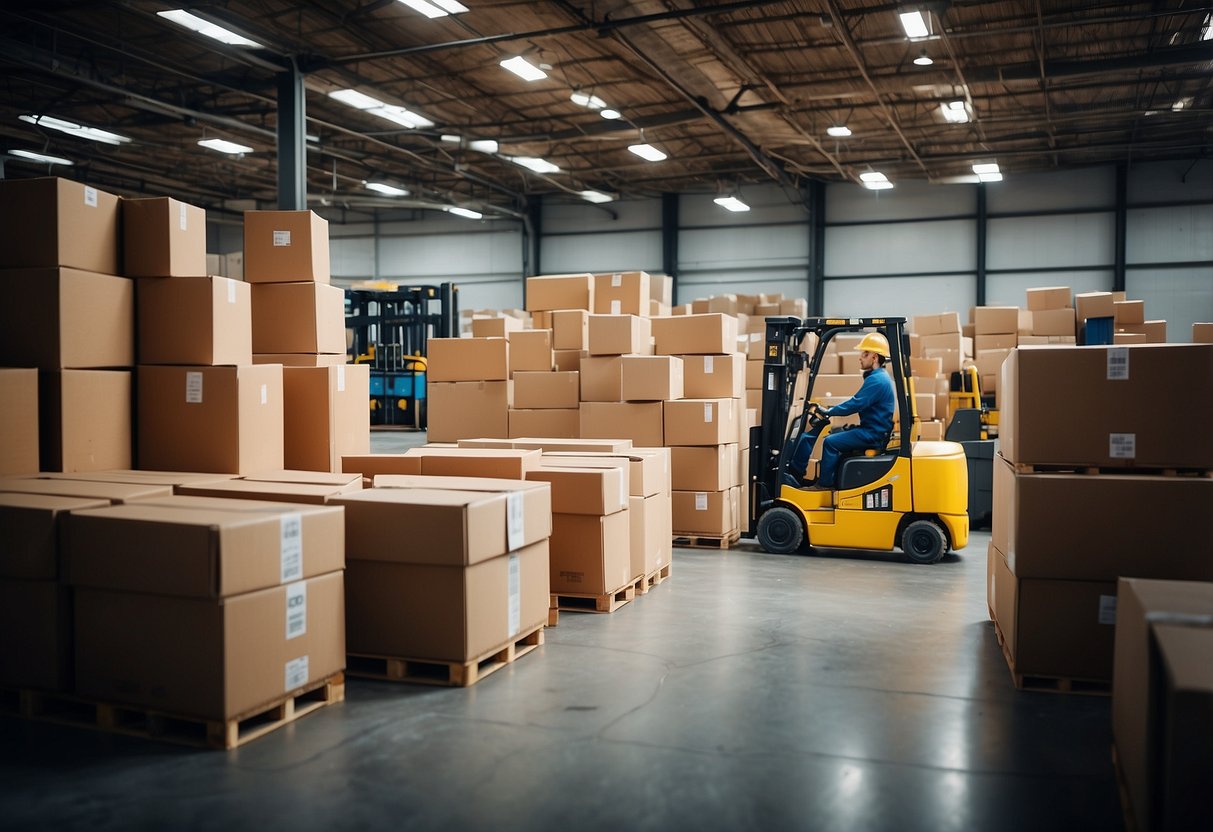 A warehouse filled with neatly stacked furniture boxes, labeled with "Frequently Asked Questions" branding. Forklifts and workers busy with loading and unloading
