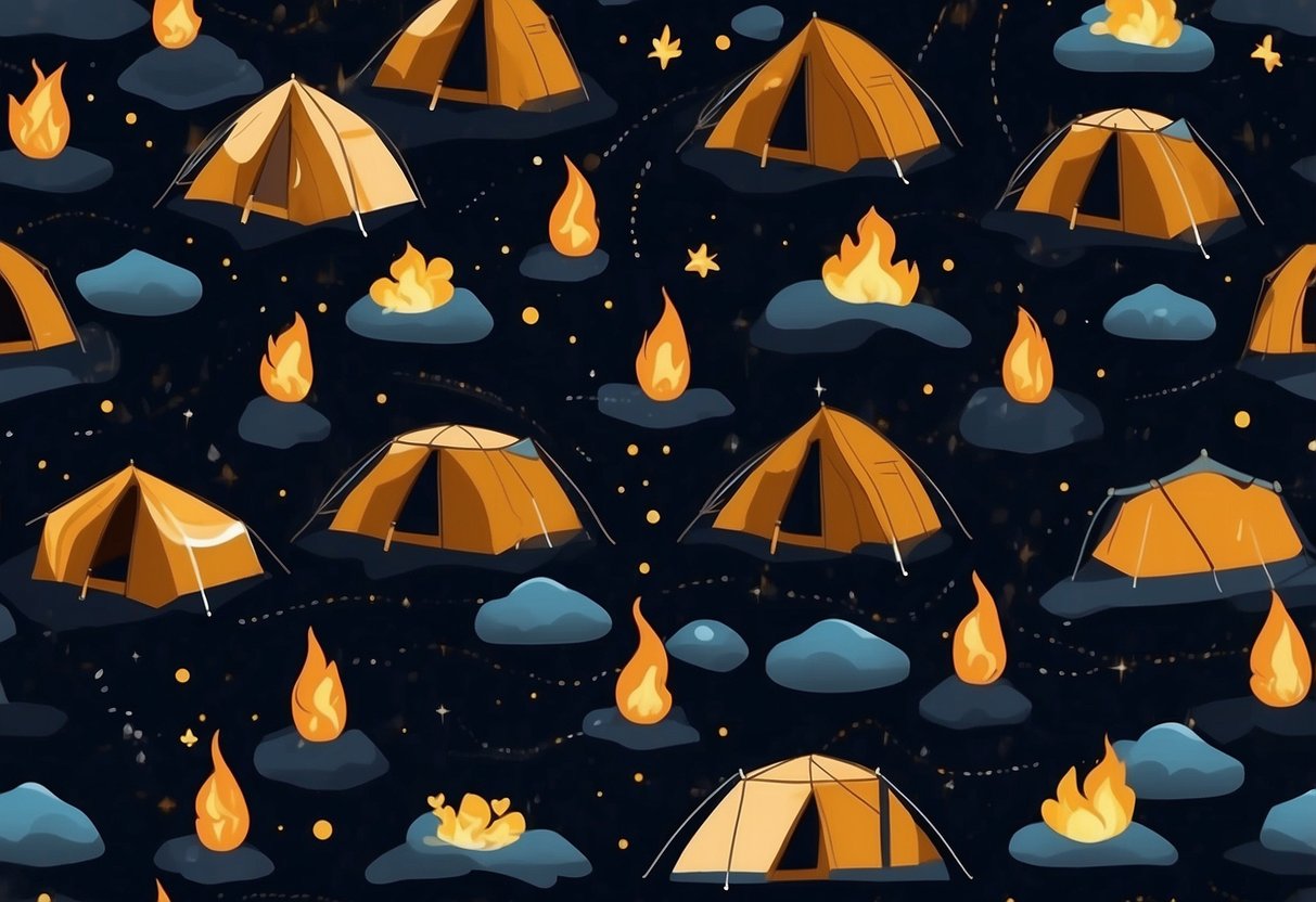 A group of tents nestled in a rugged mountain landscape, with a campfire glowing under a starry night sky