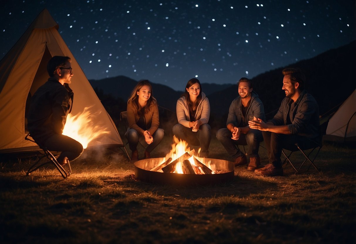 A campfire flickers under a starry sky, casting a warm glow on a group of friends gathered around. Tents are pitched in the background, and the smell of roasting marshmallows fills the air