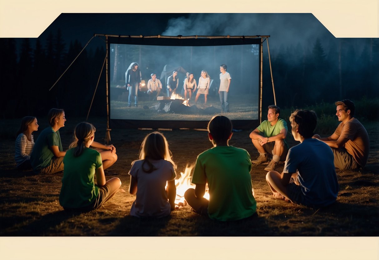 A group of campers sit around a crackling campfire, watching a movie projected onto a makeshift screen. The glow of the fire illuminates their faces as they eagerly absorb the educational value of the film