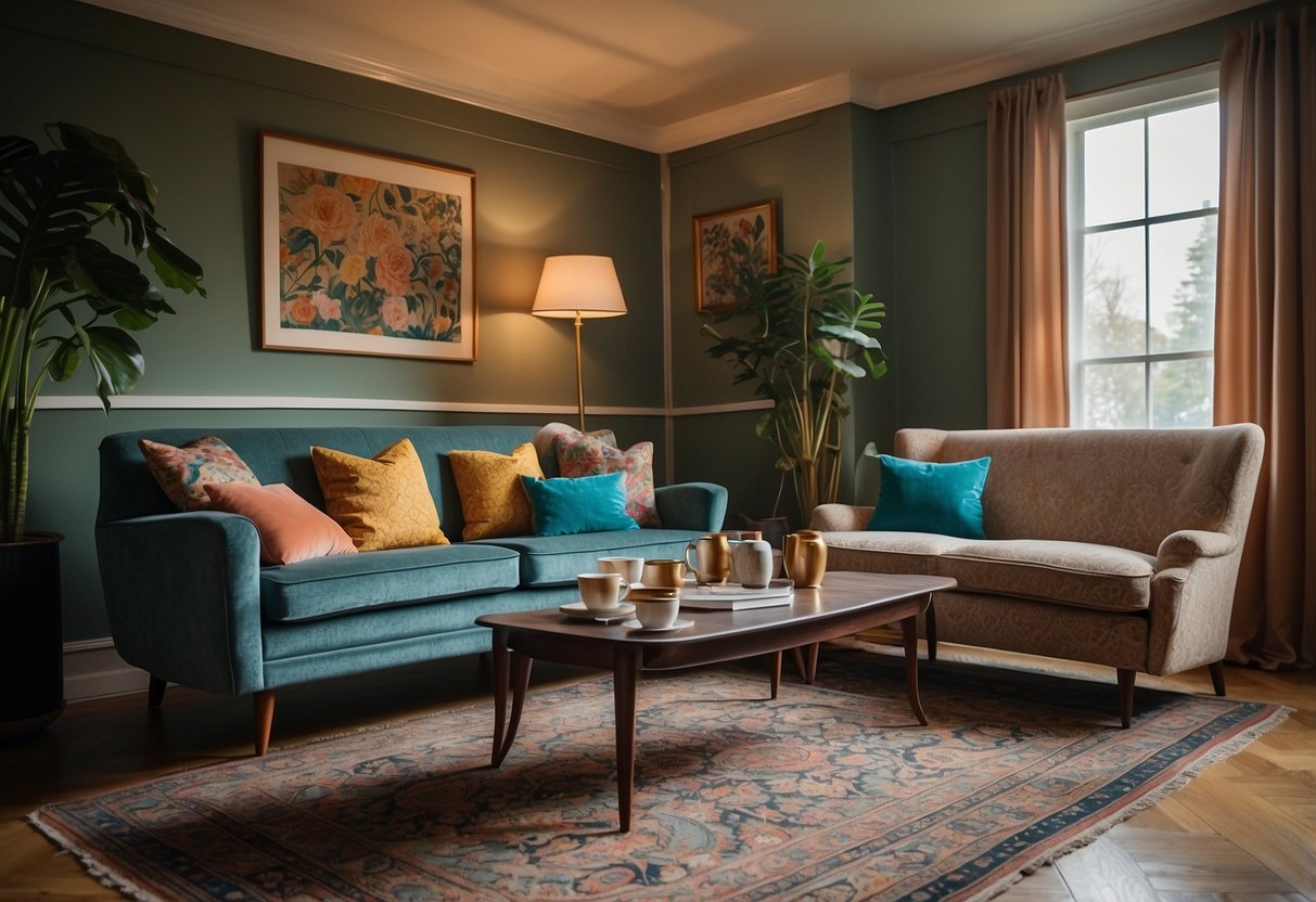 A cozy living room with a mid-century modern sofa, a Victorian armchair, and an art deco coffee table. The walls are adorned with retro prints and the floor is covered with a colorful Persian rug