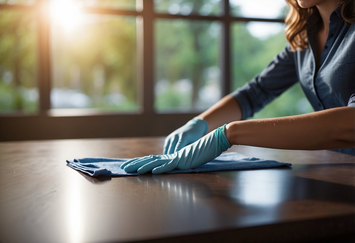A person gently wipes down a sleek, modern laminate table with a soft cloth, removing any dust or smudges to keep it looking clean and polished