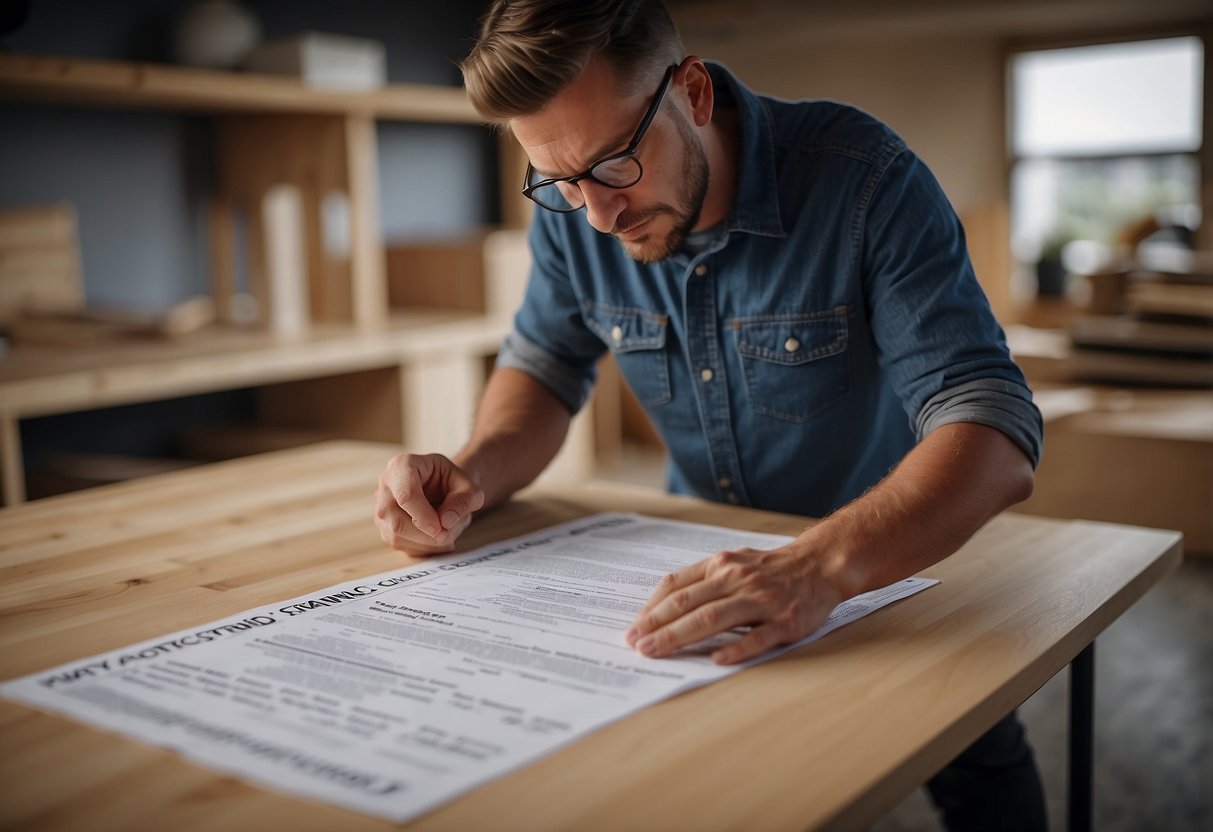 A customer reading a FAQ sheet while assembling a laminate furniture piece