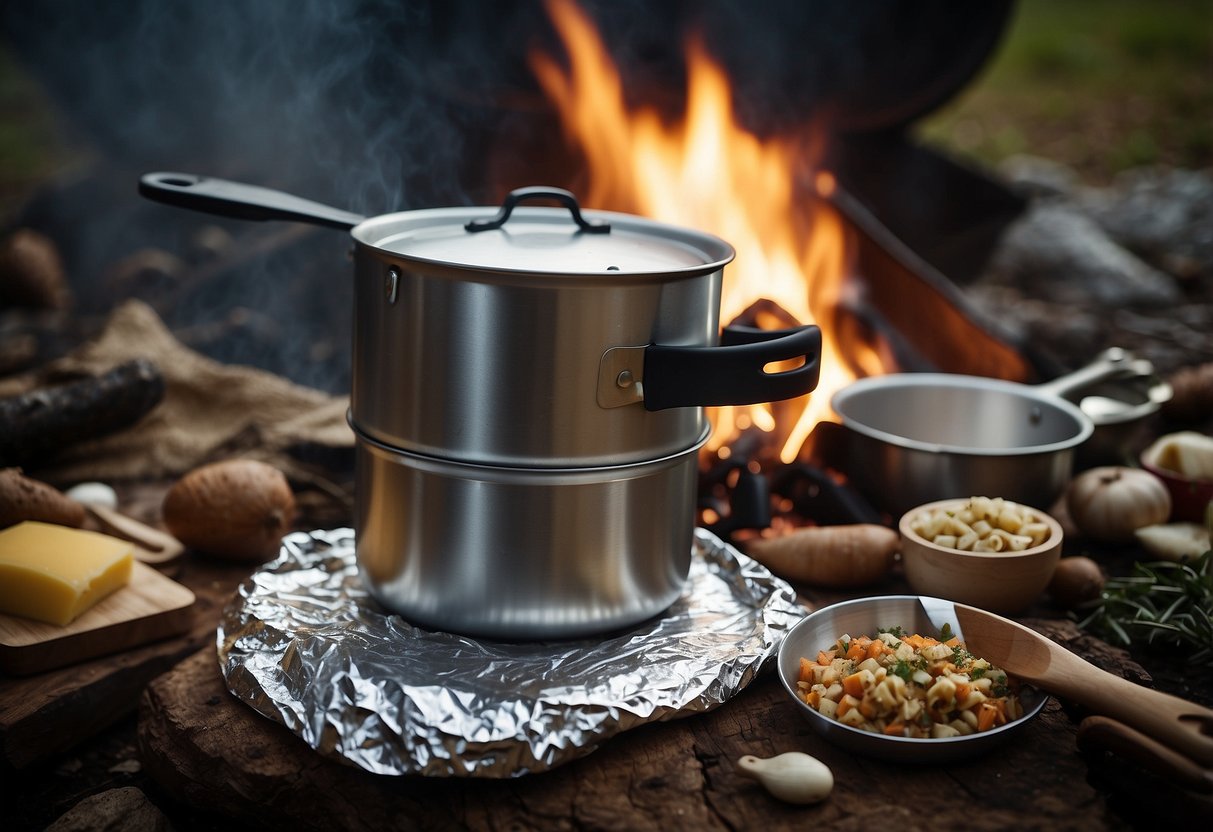 A campfire with a pot wrapped in heavy-duty aluminum foil, surrounded by various cooking utensils and ingredients