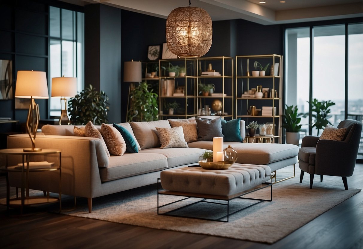 A cozy living room with modern furniture, soft lighting, and decorative accents. A sign outside reads "Affordable Furniture Store."