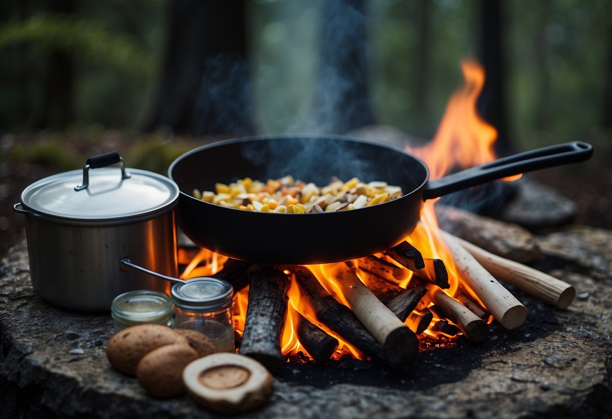 A campfire with pre-cut ingredients, pots, and utensils set up on a flat rock surface surrounded by trees and a clear sky