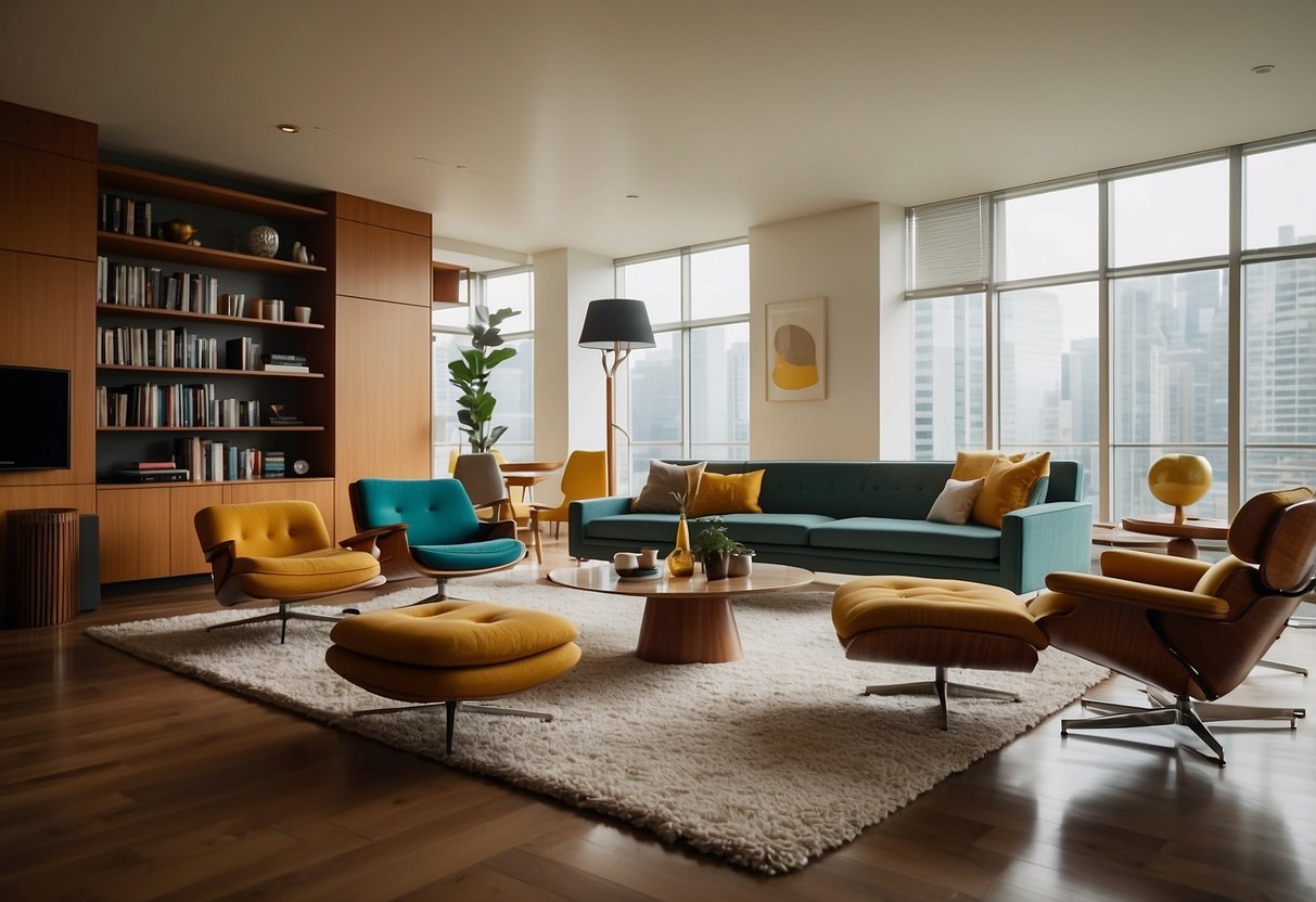 A room filled with mid-century modern furniture, featuring clean lines, organic shapes, and bold colors. A mix of materials such as wood, metal, and plastic create a sleek and sophisticated atmosphere