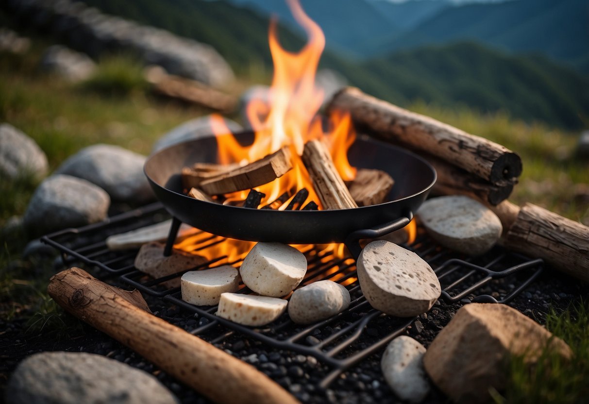 A campfire with a fire grate set up, surrounded by logs and stones, with cooking utensils and ingredients laid out nearby