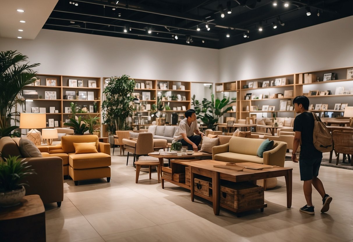Customers browsing through a variety of affordable furniture options in a well-lit and spacious store in Singapore