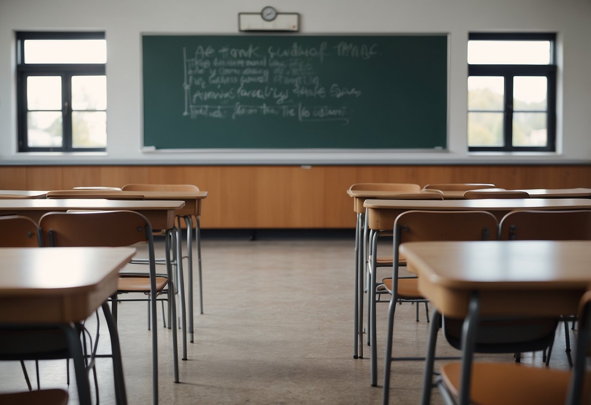A classroom with desks, chairs, and a teacher's podium arranged neatly. A chalkboard or whiteboard is at the front of the room