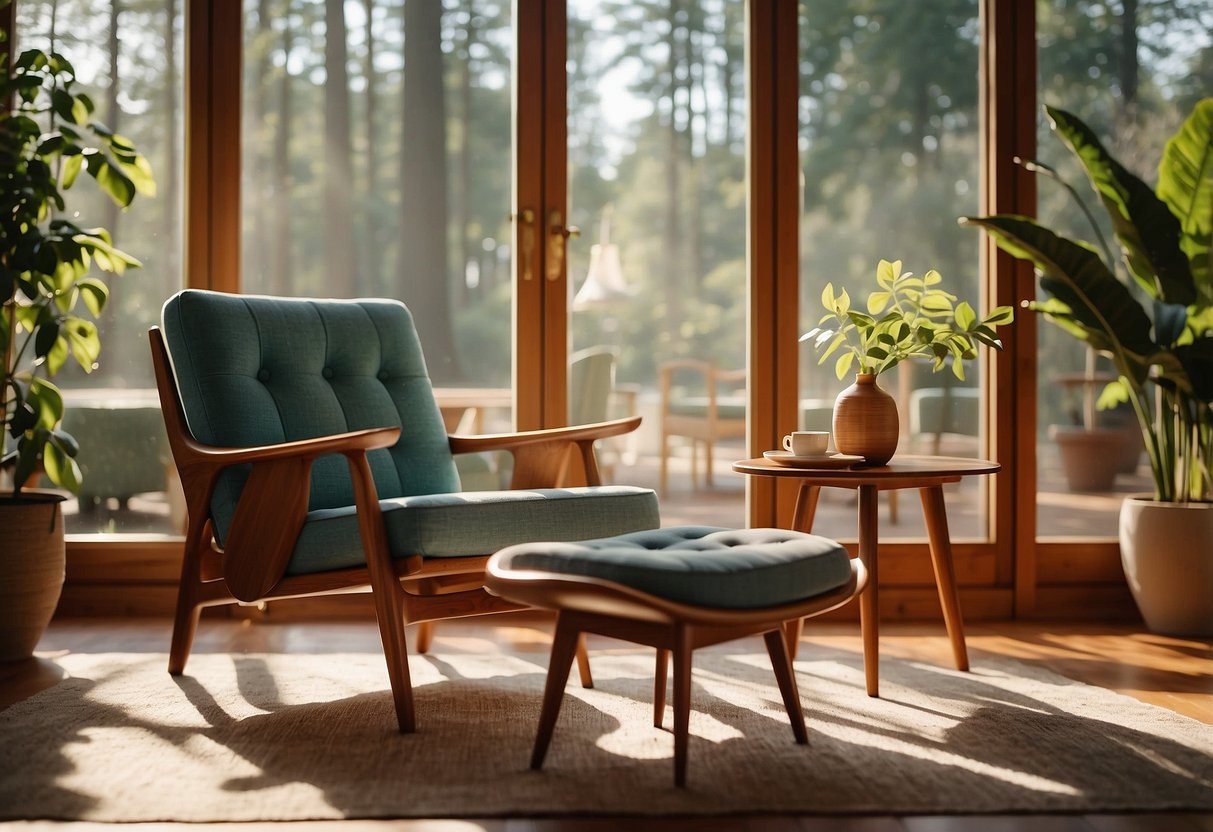 A cozy living room with mid-century modern furniture, a teak coffee table, and a retro armchair. Sunlight streams in through the window, highlighting the elegant lines and warm wood tones of the vintage pieces