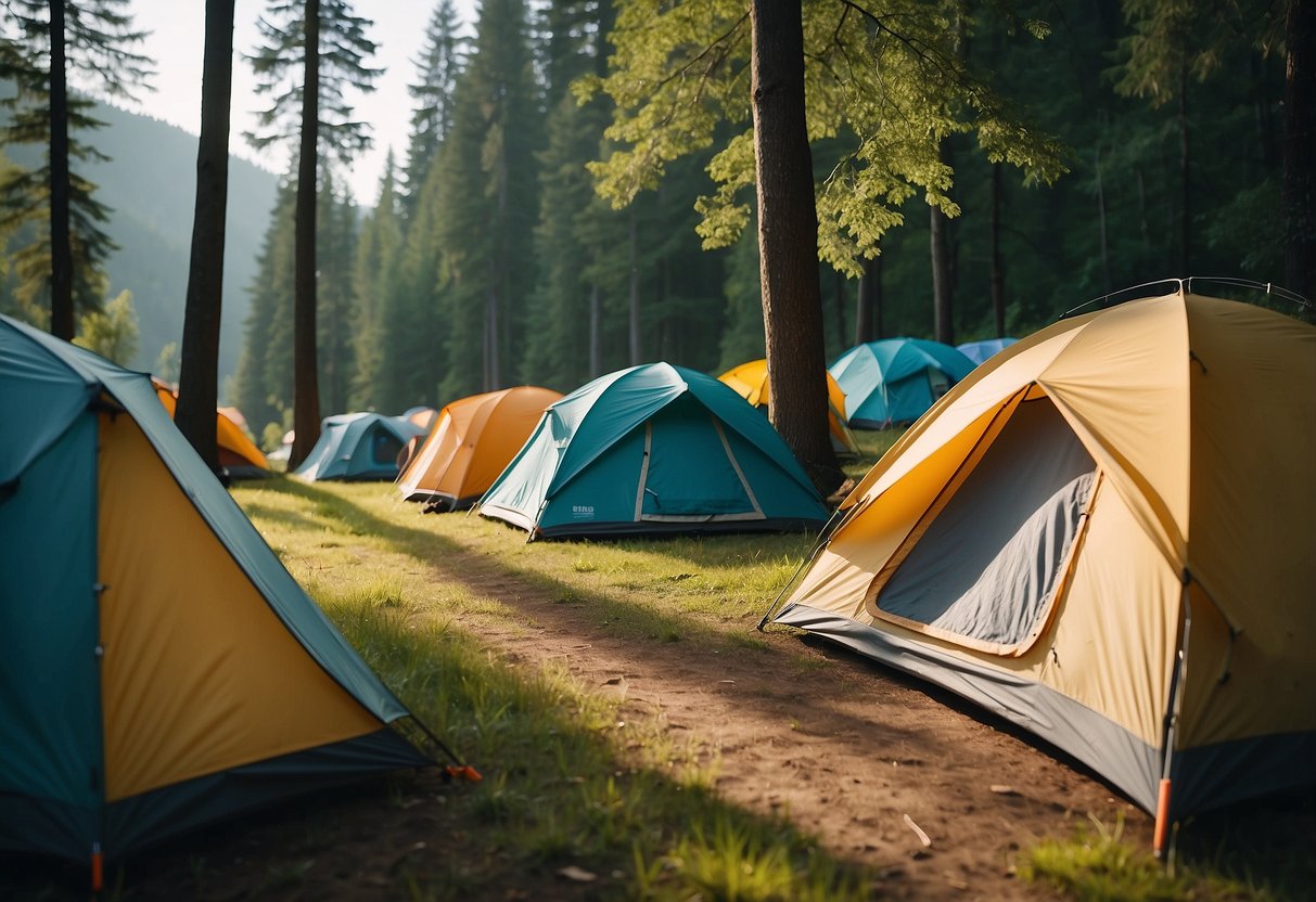 A group of 5 colorful, sturdy tents set up in a lush, green camping ground, surrounded by tall trees and a clear, flowing river