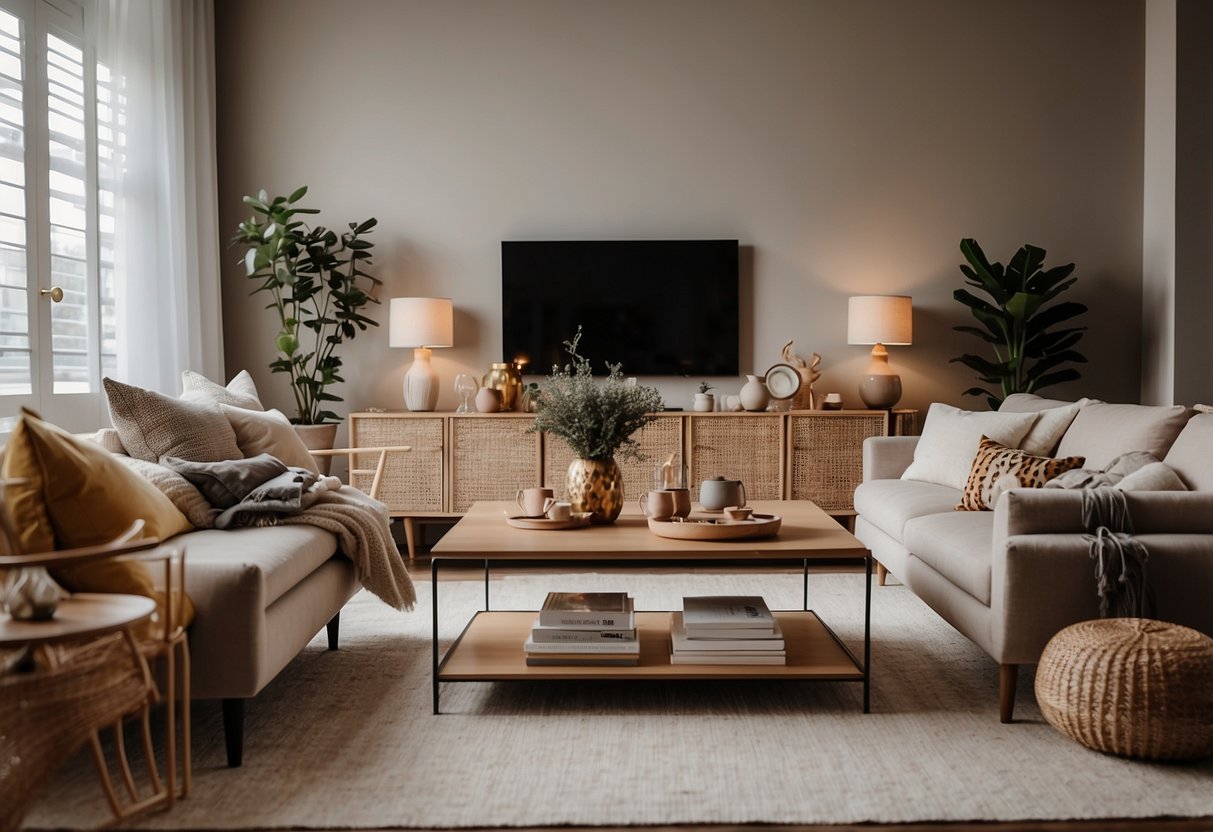 A cozy living room with a variety of stylish furniture pieces, all affordably priced. Bright lighting and warm colors create an inviting atmosphere
