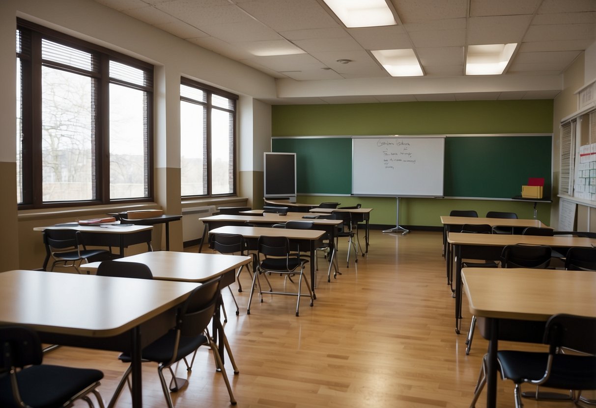 A classroom with desks, chairs, and a teacher's desk at the front. Shelves line the walls, filled with books and supplies. A whiteboard and projector screen are visible at the front of the room