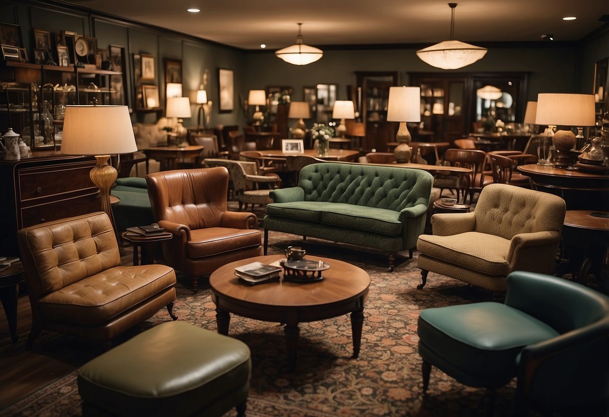 A room filled with various vintage furniture pieces, including mid-century modern chairs, art deco tables, and Victorian-era sofas
