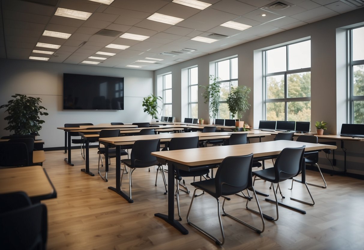 A modern classroom with adjustable desks and chairs, equipped with integrated technology such as smart boards and charging stations