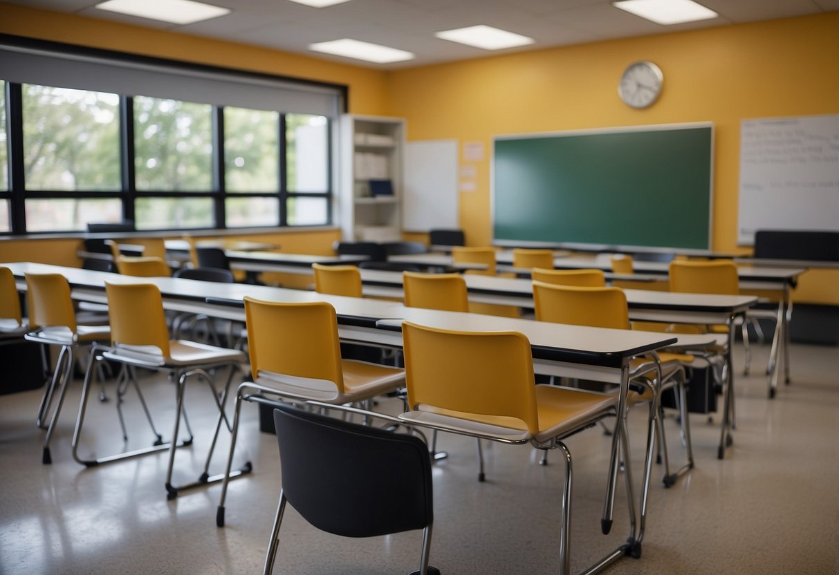 A classroom with neatly arranged desks and chairs, a whiteboard at the front, and a shelf of educational materials
