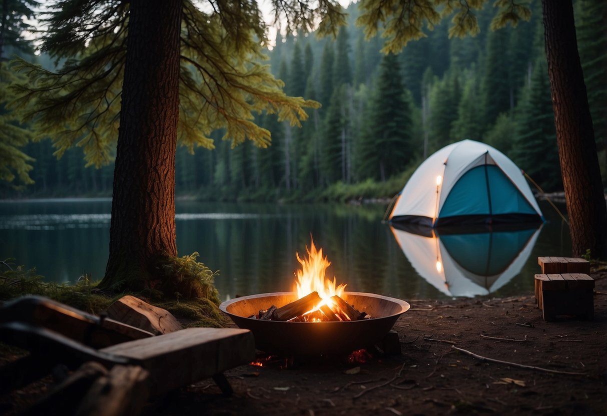 A serene lakeside surrounded by towering trees, with a glowing campfire and a cozy tent nestled amongst the wilderness