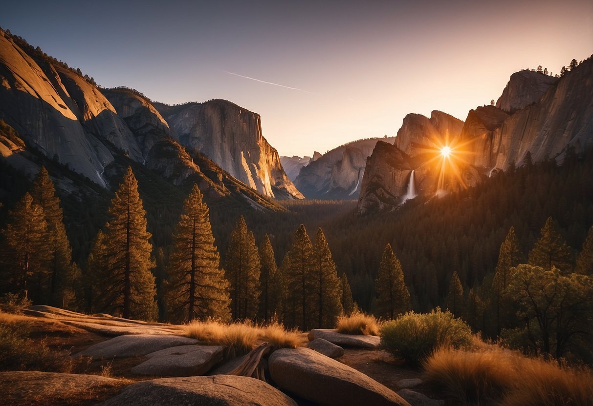 Sunset over Yosemite Valley, with towering granite cliffs and lush forests, perfect for wild camping