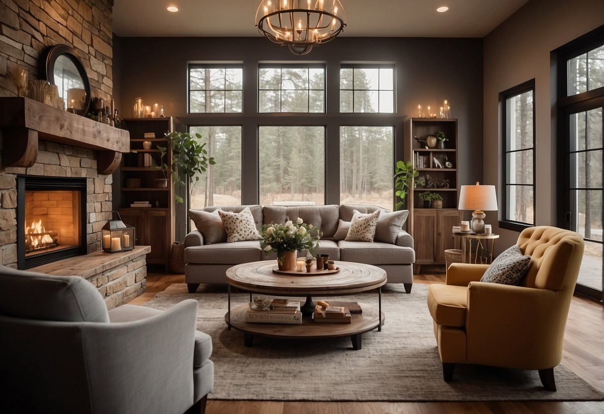 A cozy living room with a La Grange furniture set, including a plush sofa, elegant coffee table, and stylish armchairs arranged around a warm fireplace