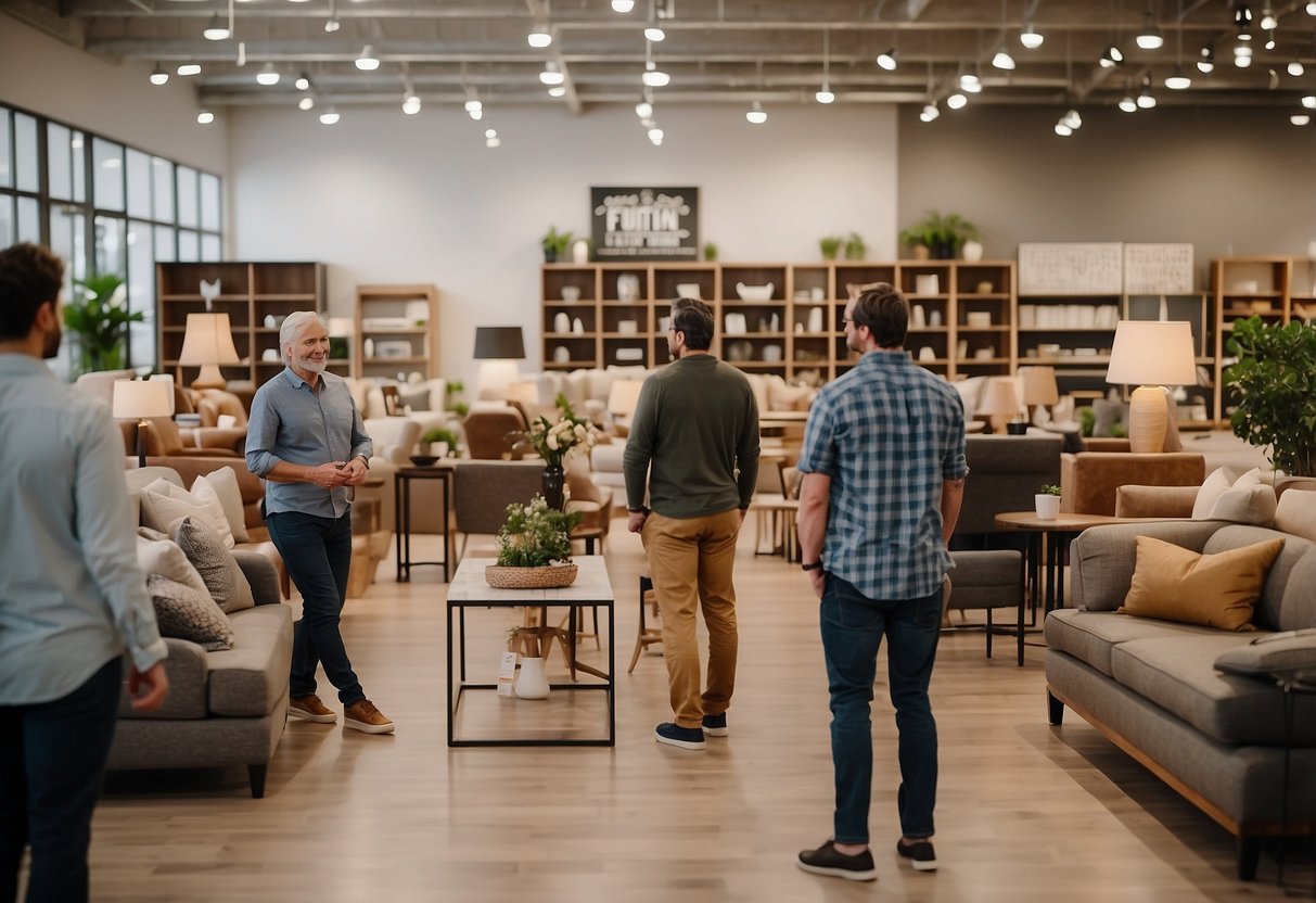 Customers browsing through a variety of affordable furniture options in a spacious, well-lit store with helpful staff on hand for inquiries