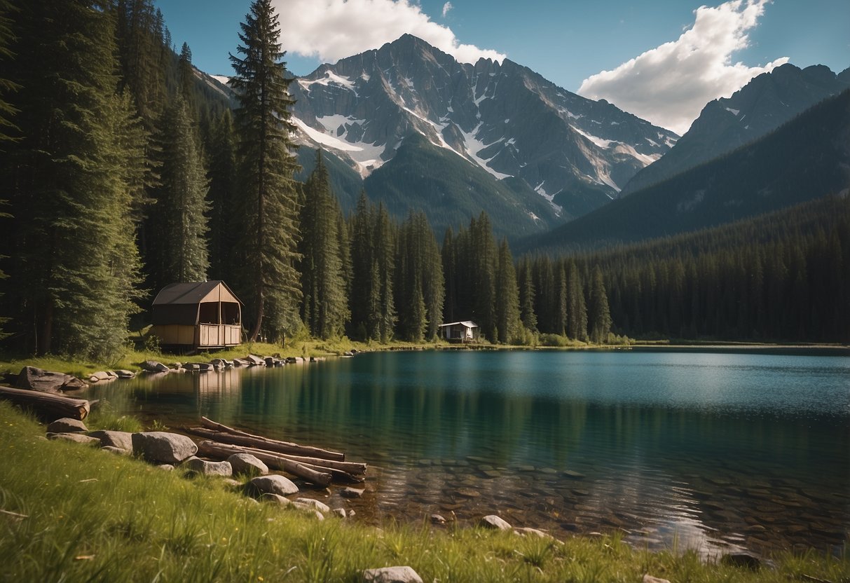 Lush green forest surrounds a serene lake, with snow-capped mountains in the distance. A rustic campsite sits nestled among the trees, with a crackling campfire and cozy tents