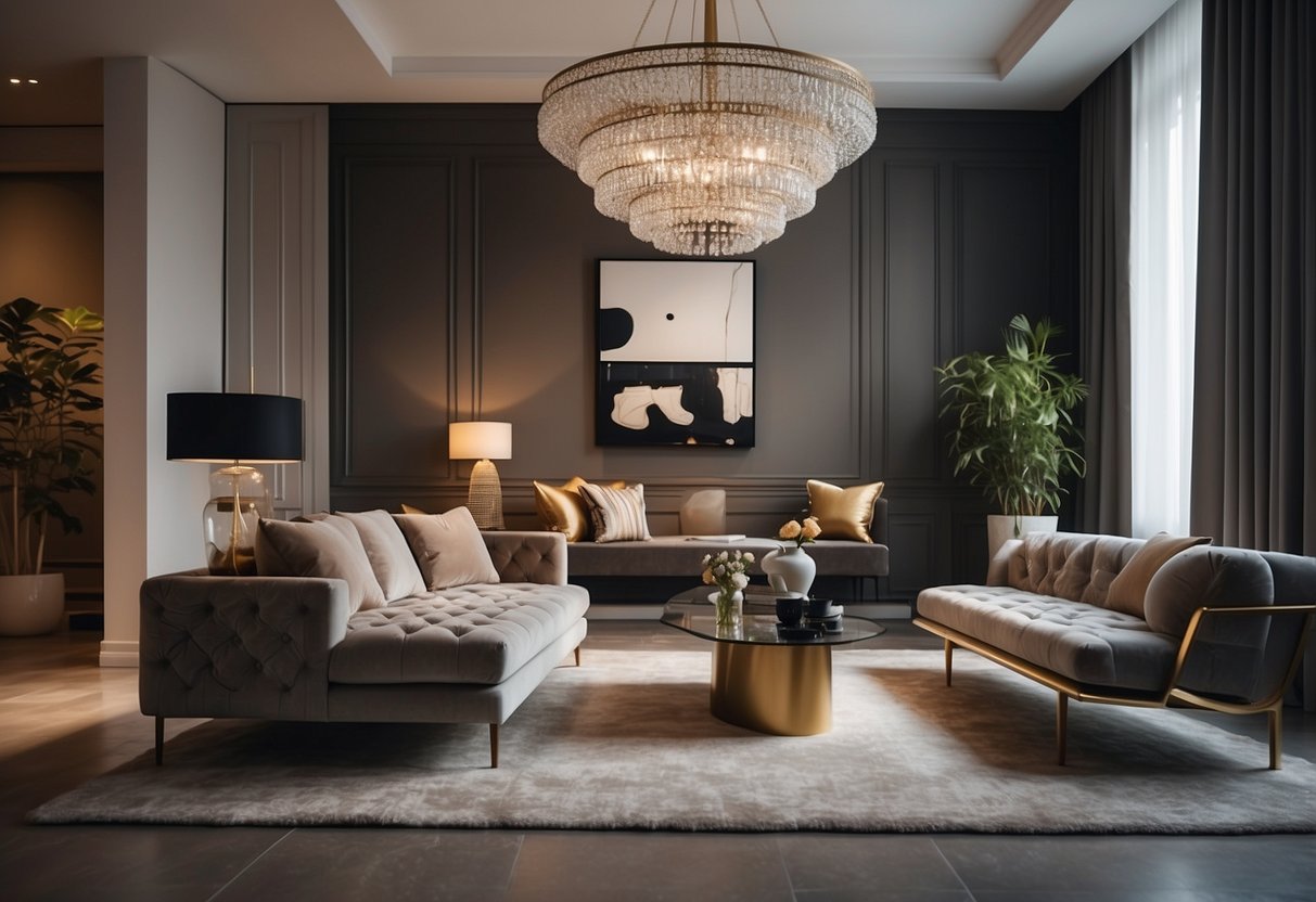 An elegant showroom with modern and classic furniture pieces arranged in stylish vignettes