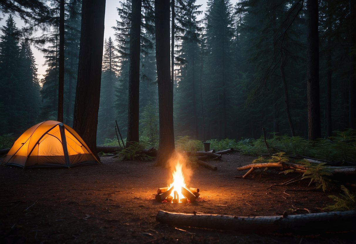 A serene forest clearing with a glowing campfire, surrounded by towering trees. A tent is pitched nearby, and a map and flashlight are laid out on a log