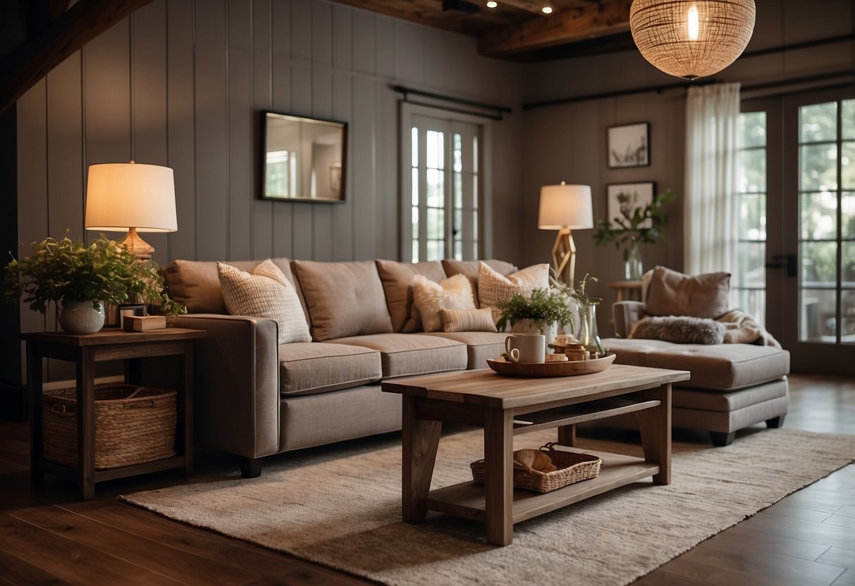 A cozy living room with La Grange furniture, featuring a plush sofa, a rustic coffee table, and elegant lighting fixtures