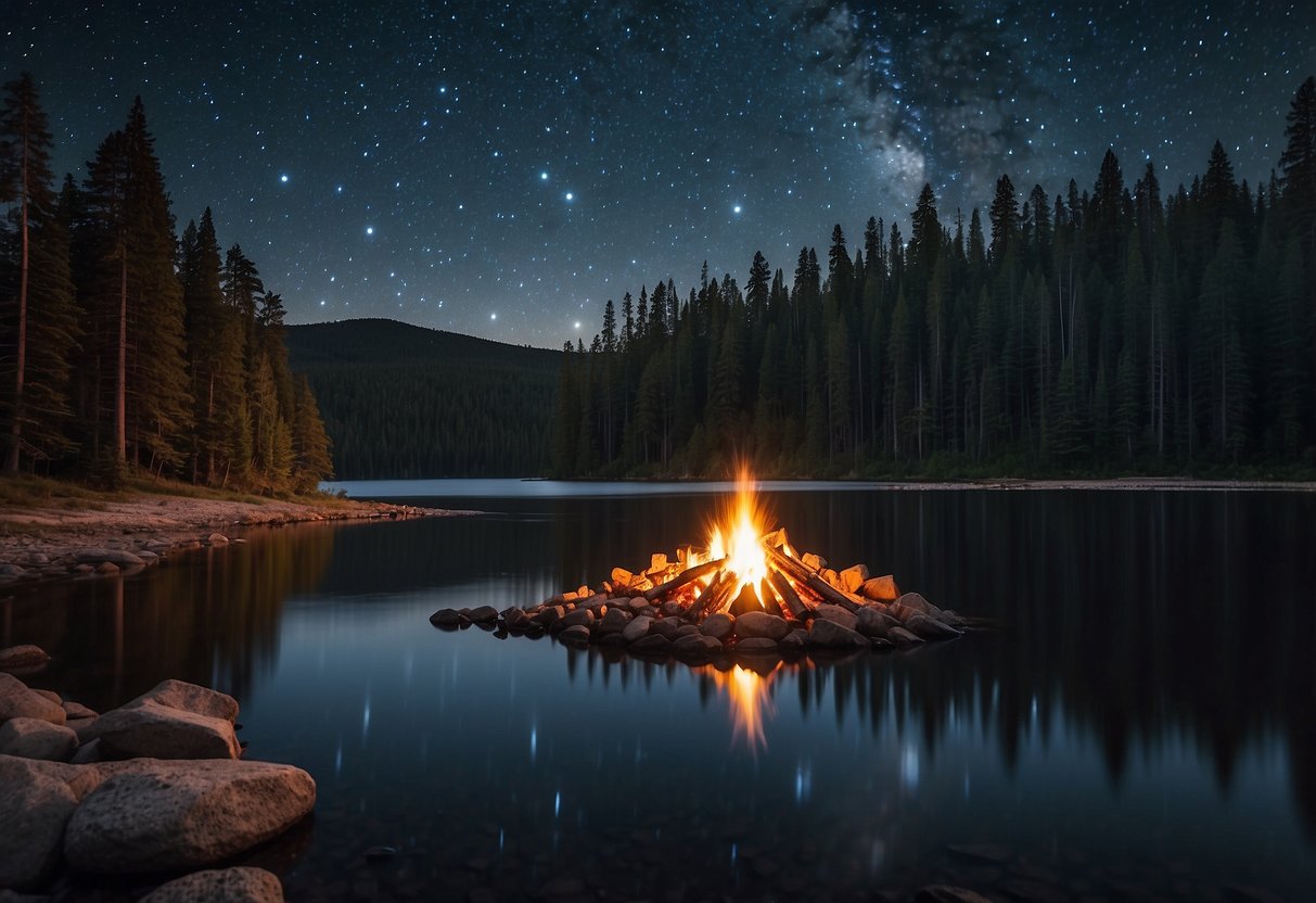 A serene lakeside surrounded by tall pine trees, with a clear view of the starry night sky above, and a small campfire burning in the center