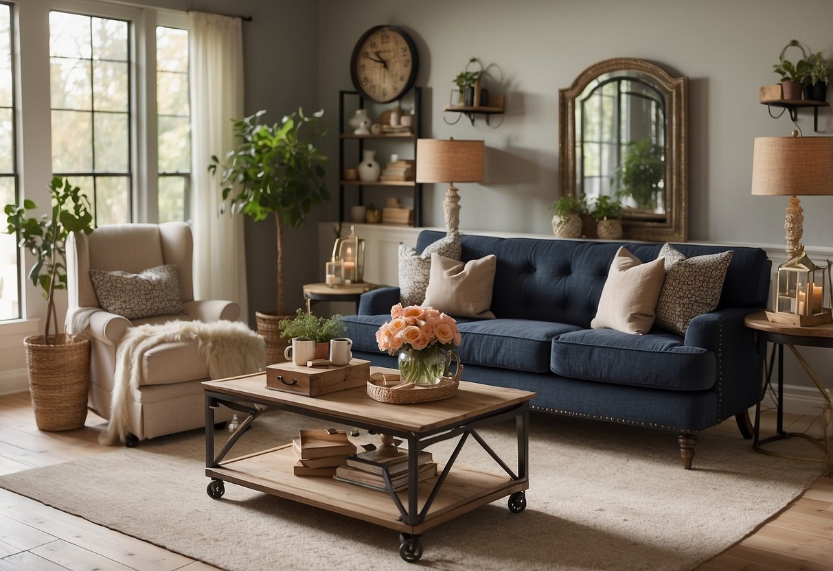 A cozy living room with a stylish sofa and coffee table, surrounded by shelves filled with beautiful home decor and a large sign displaying "Frequently Asked Questions la grange furniture"