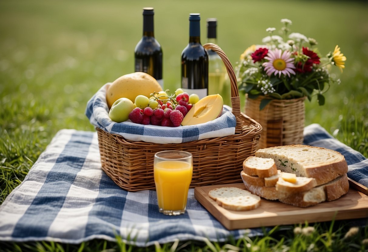 A checkered picnic blanket spread out on green grass, adorned with a wicker basket, a bottle of wine, fresh fruits, sandwiches, a cheese board, a bouquet of wildflowers, a portable speaker, a book, and a sun hat