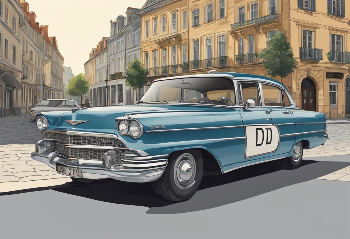 A car with the license plate "DN" parked in a historic town square. The plate is prominently displayed on the front of the vehicle