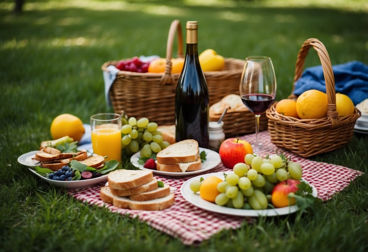 A colorful picnic blanket spread out on lush green grass, with a wicker picnic basket filled with plates, utensils, napkins, and food items like sandwiches, fruits, and a bottle of wine