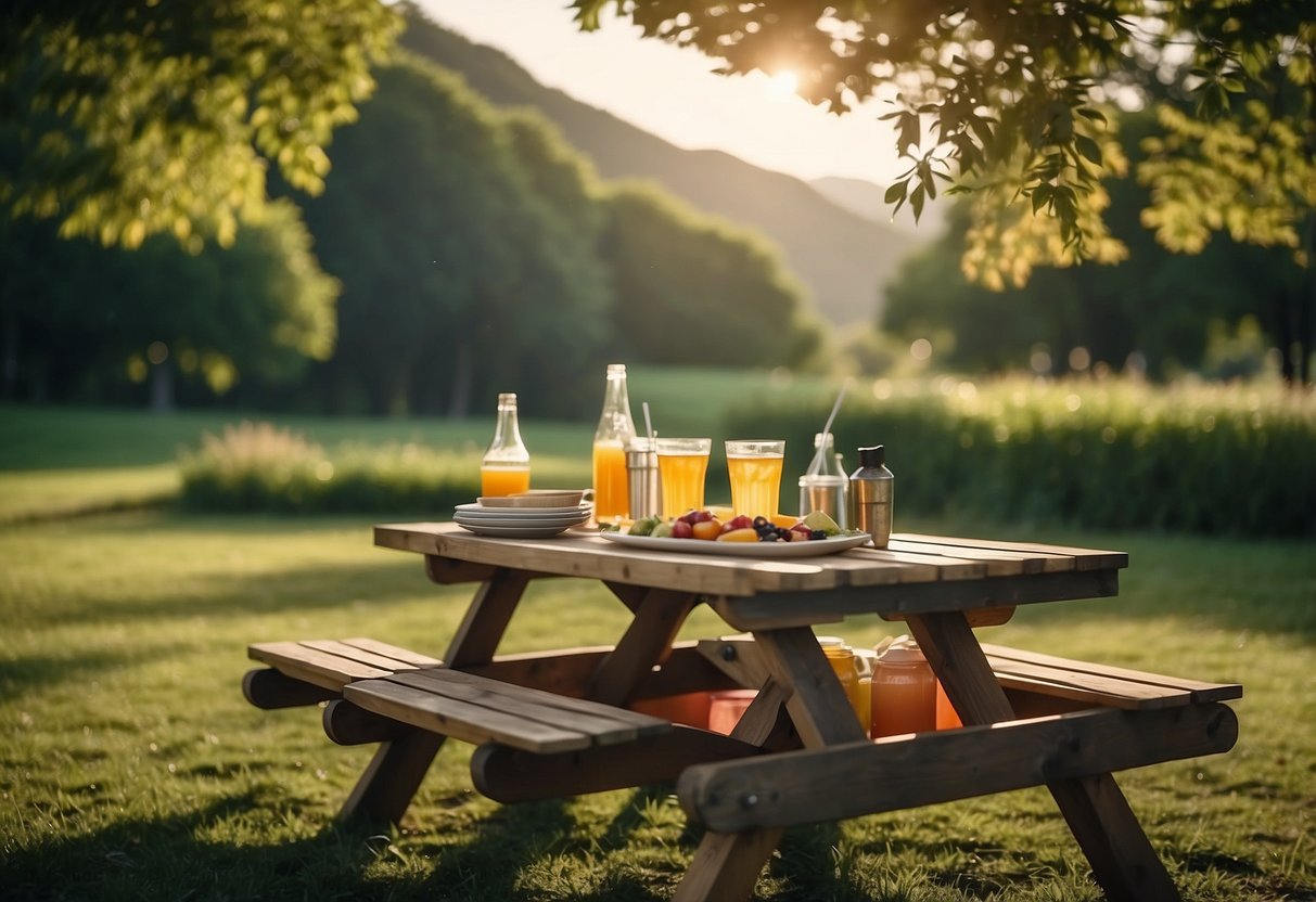 A colorful foldable picnic table is set up in a lush green park, surrounded by a variety of delicious food and drinks, with a beautiful view in the background