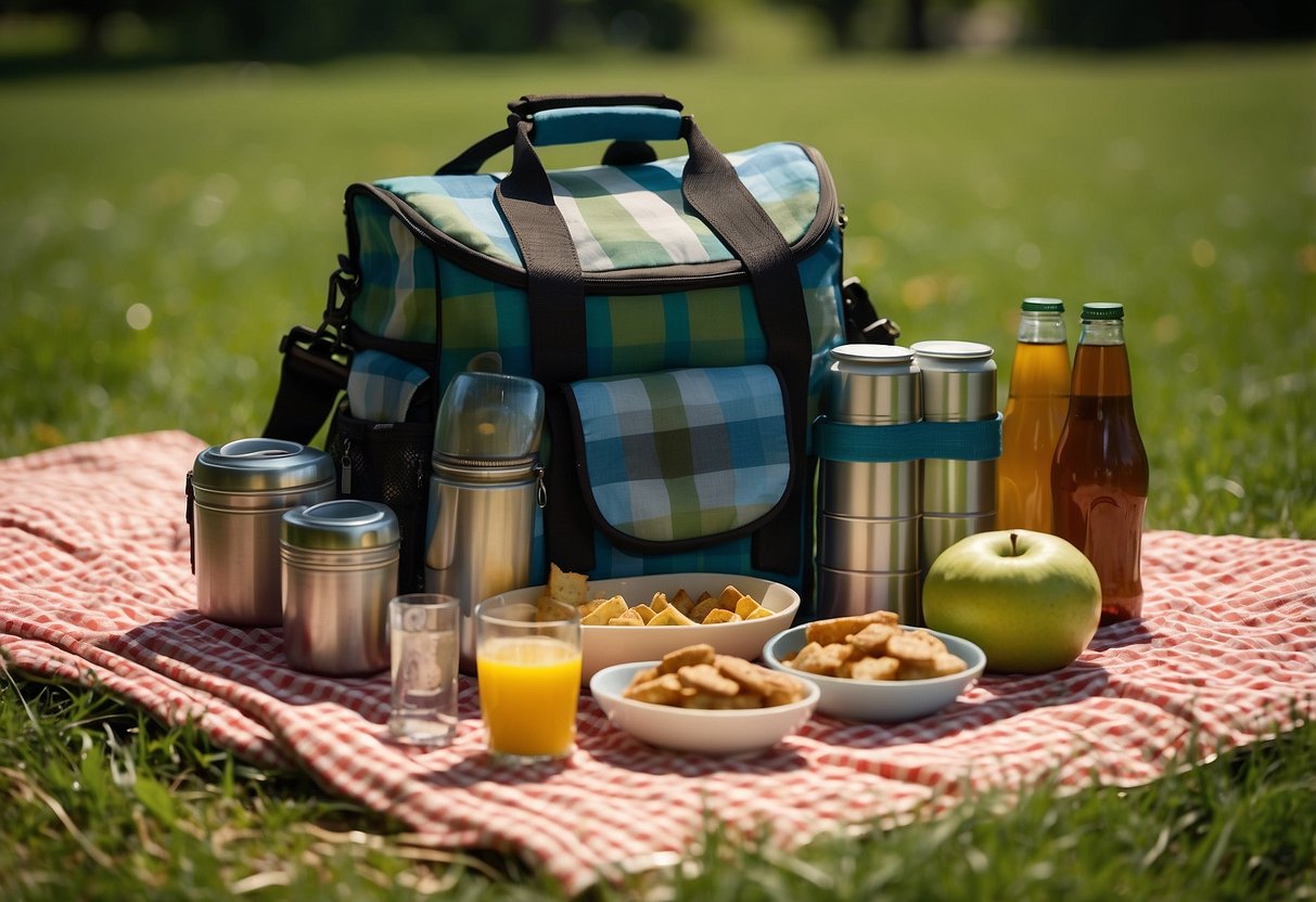 A colorful Insulated Cooler Backpack sits open, filled with picnic essentials like snacks, drinks, and utensils. A checkered picnic blanket is spread out nearby, surrounded by lush green grass and dappled sunlight