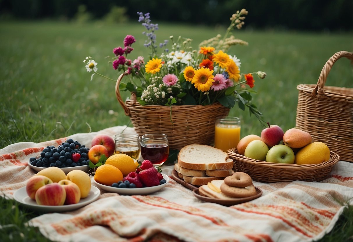 A colorful picnic blanket spread out on lush green grass, surrounded by a wicker basket, fruit, sandwiches, a bottle of wine, and a bouquet of wildflowers