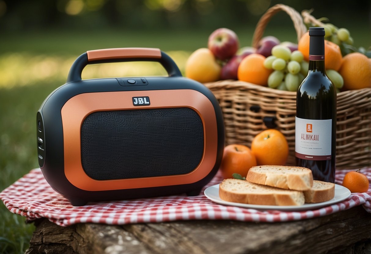 A colorful JBL Bluetooth outdoor speaker sits on a checkered picnic blanket surrounded by a basket, sandwiches, fruits, and a bottle of wine